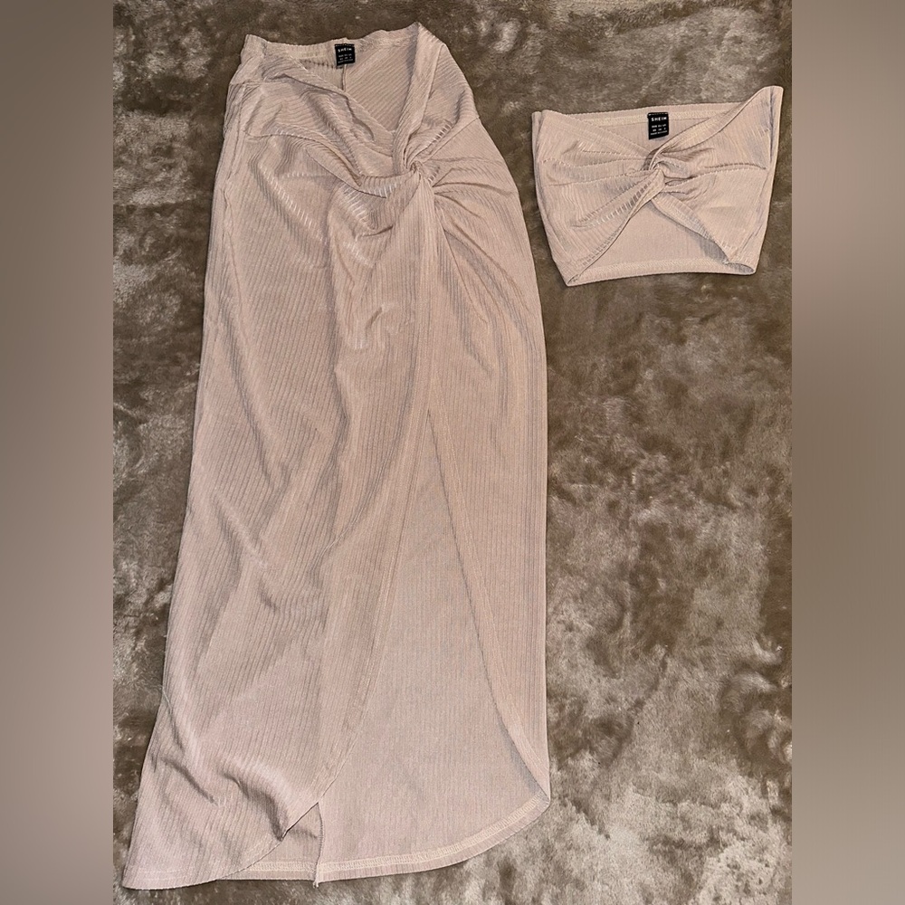 SHEIN SXY Twist Front Rib-Knit Tube Top & Split Thigh Skirt Set